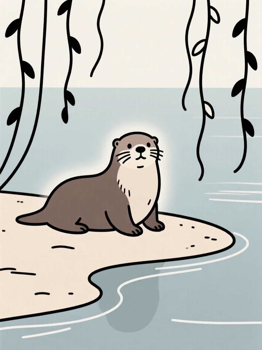 A curious sea otter pausing in a lakeside shore, with hanging vines in the background, radiating protective warmth.