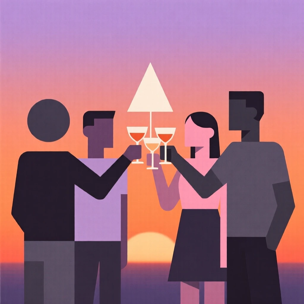A group of friends toasting drinks at sunset
