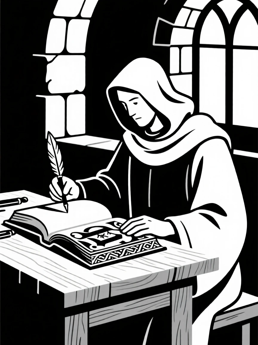A medieval scribe illuminating a manuscript.