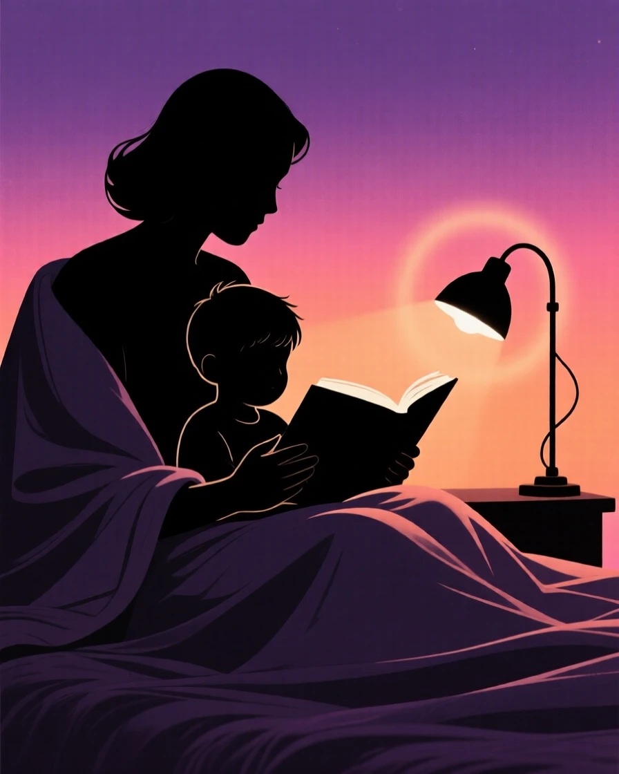 A mother reading a bedtime story to her child by lamplight, both tucked under blankets.