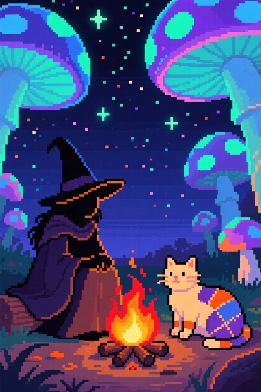 A witch with a patchwork cat resting beside a campfire under the stars, beneath a canopy of glowing mushrooms.