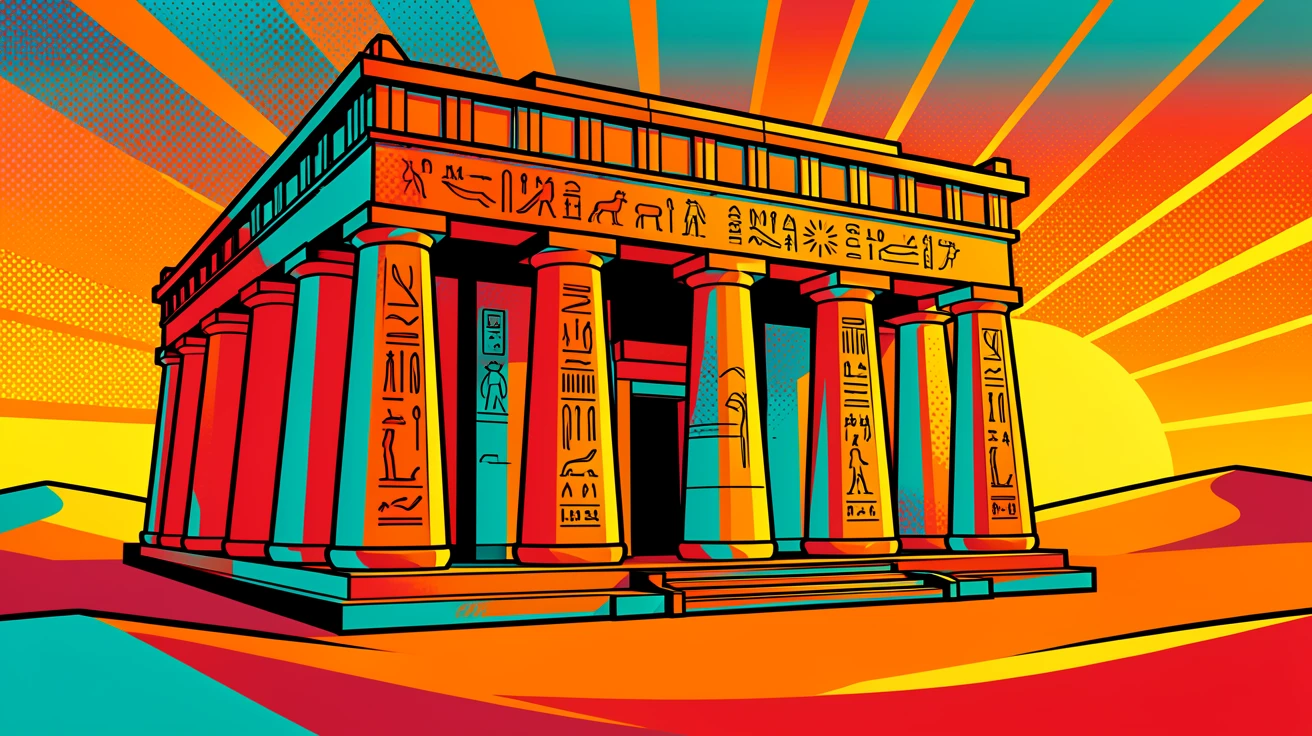 An ancient Egyptian temple lit under a desert sunset