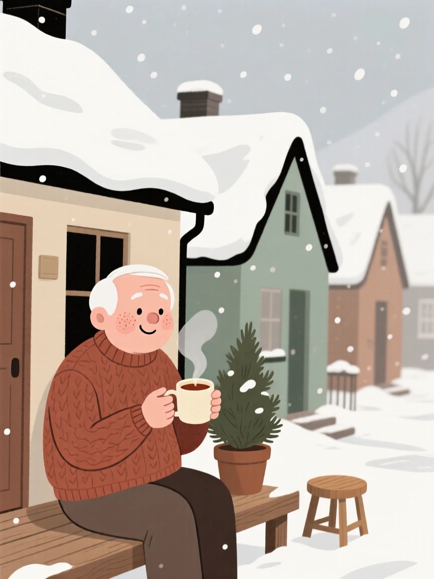 Snow blankets a row of cottage rooftops while a elderly man watches from a snug porch, a mug of warm tea warming their hands.