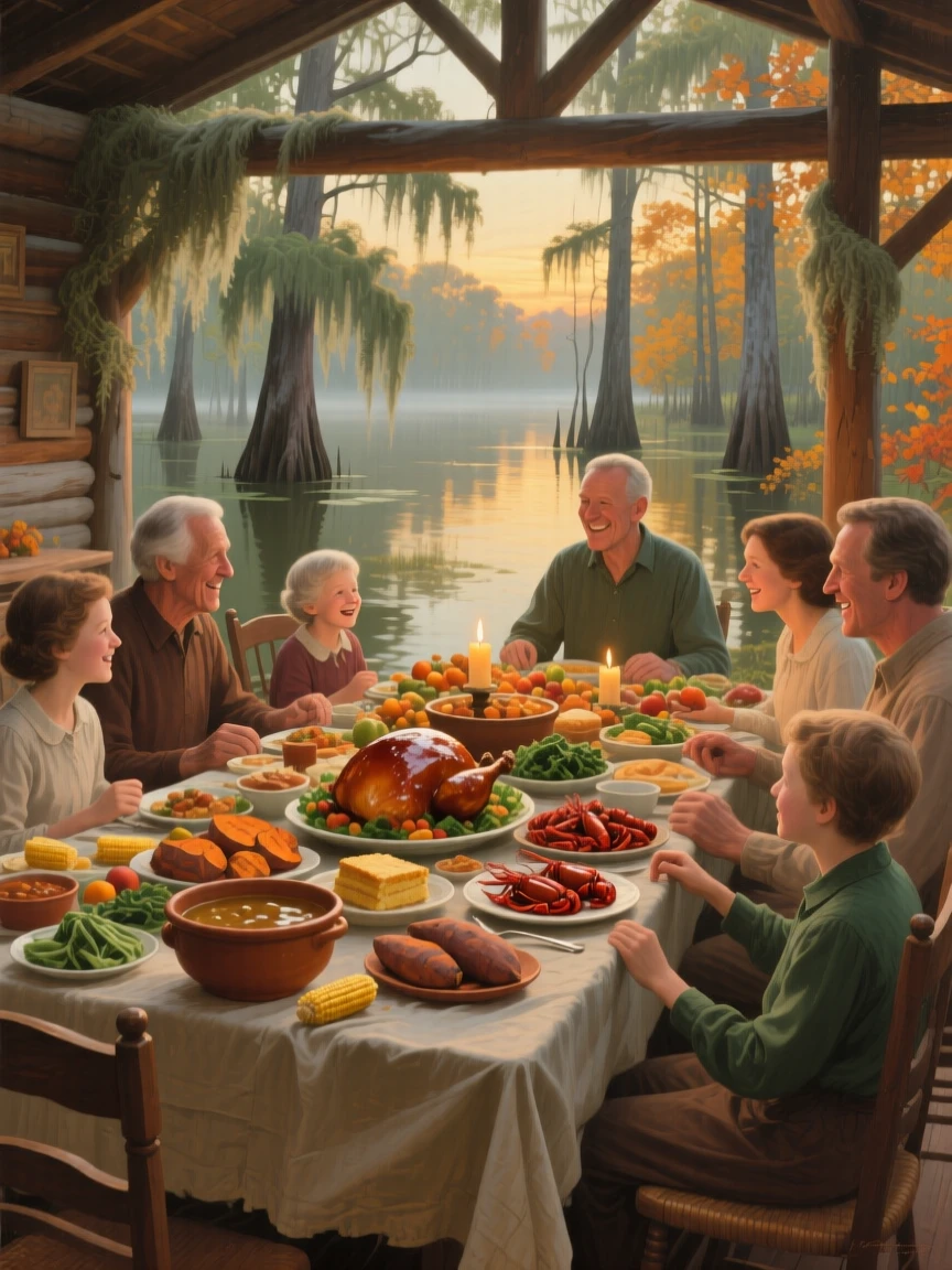 A balanced composition of a family gathered around a table piled high with a holiday feast, in the Louisiana bayou, in mid-autumn.