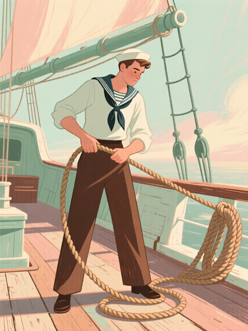 A sailor coiling thick rope on the deck of an old ship