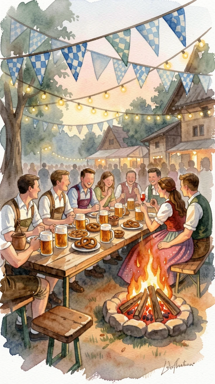 An Oktoberfest celebration with festive decorations with a crackling fire nearby.