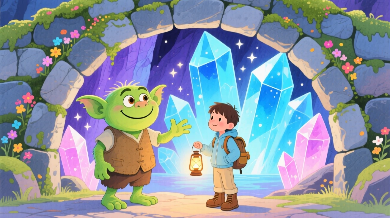 A friendly troll under a bridge guiding a curious young explorer through a glowing crystal cave.