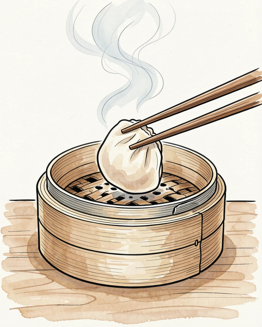 A steaming pot of dumplings being lifted from a bamboo steamer basket, wisps of steam curling upward