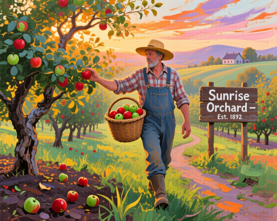 a farmer carrying a basket through an orchard, at sunrise, with layered visual detail from foreground to horizon.