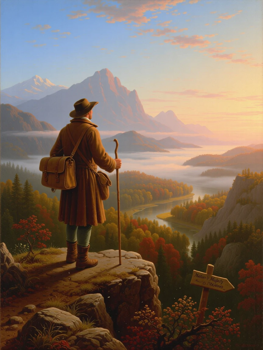 A traveler on foot pauses atop a ridge, gazing down at a valley wrapped in morning fog.