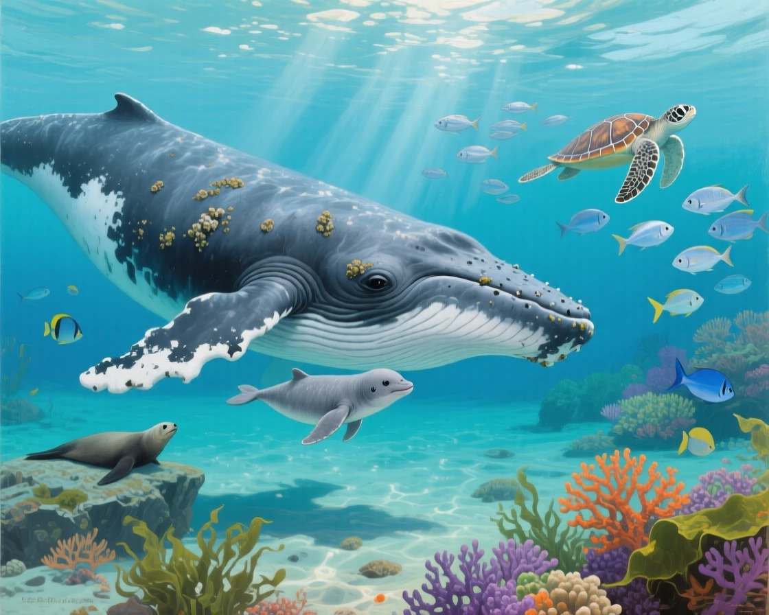 A humpback whale mother swimming gently alongside her calf, as the surrounding wildlife goes on undisturbed, capturing a rare and intimate glimpse into wild life
