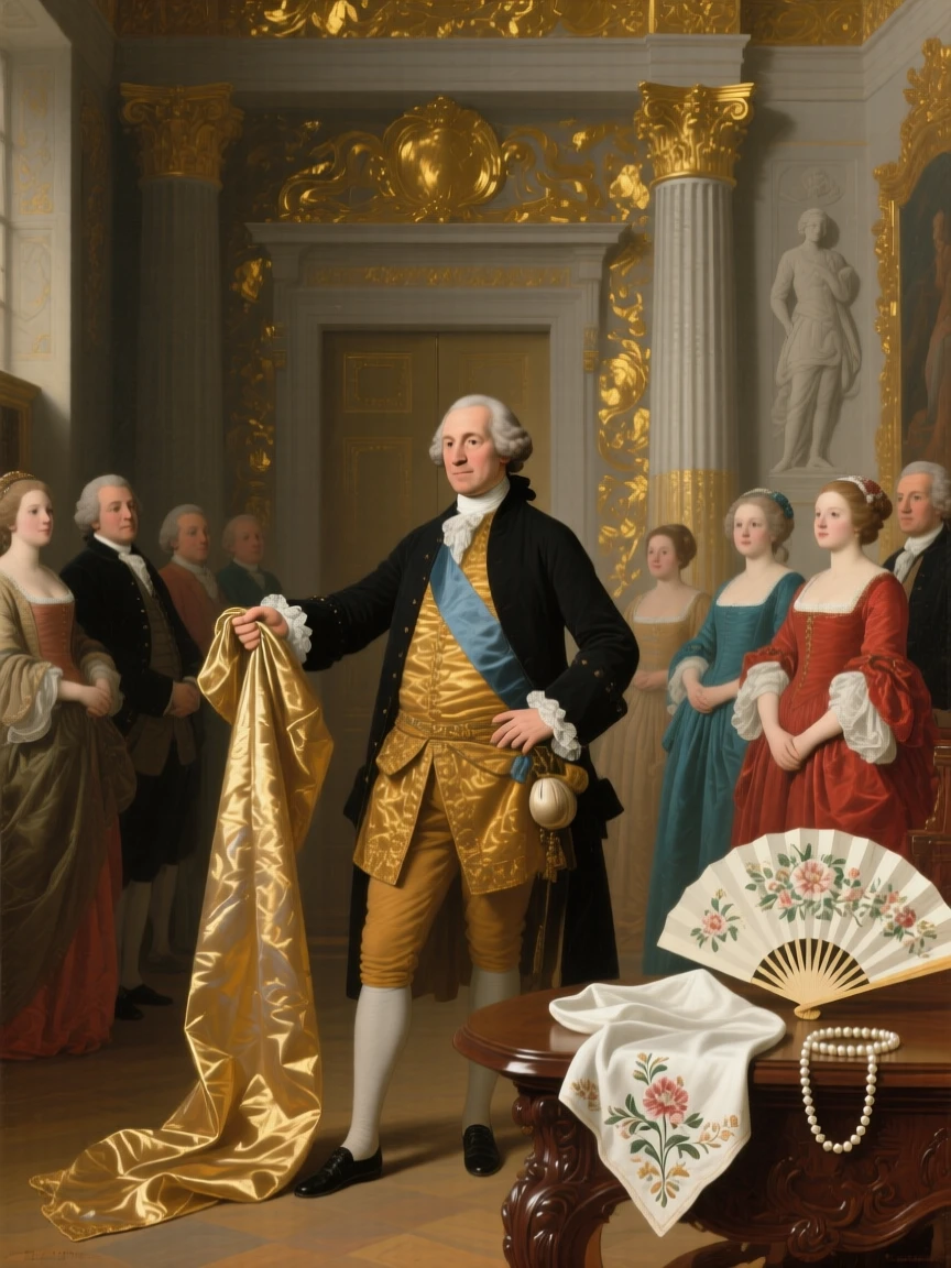 A merchant prince displaying imported silks to admiring guests just before the grand doors are thrown open, set within a private chapel adorned with gold leaf, with a fan, a pearl necklace, and an embroidered handkerchief as quiet accents; rich architectural framing lends grandeur without crowding the figures, evoking refinement, tradition, and quiet opulence.