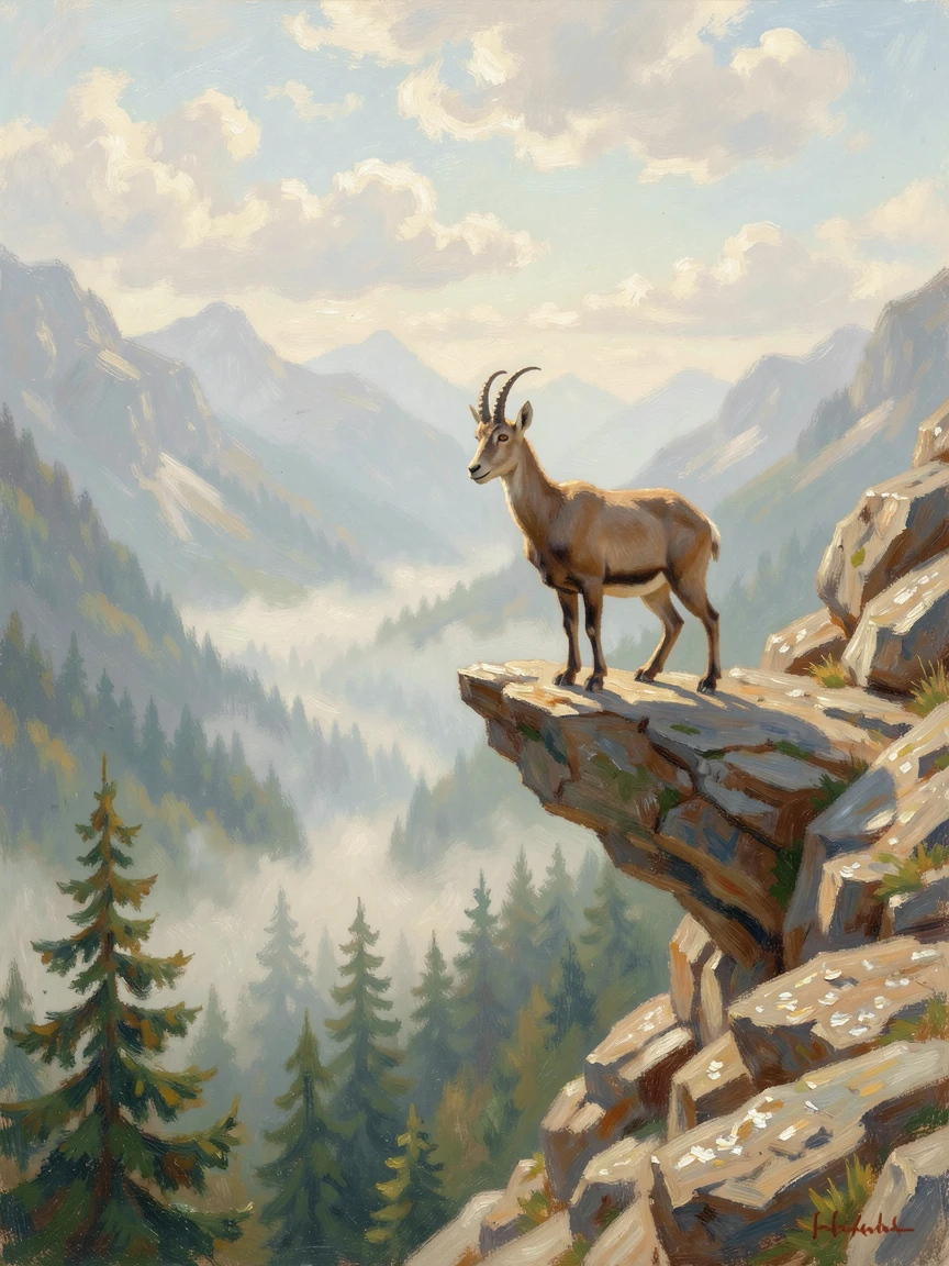 A mountain goat perched on a narrow rocky ledge overlooking a dramatic alpine valley.