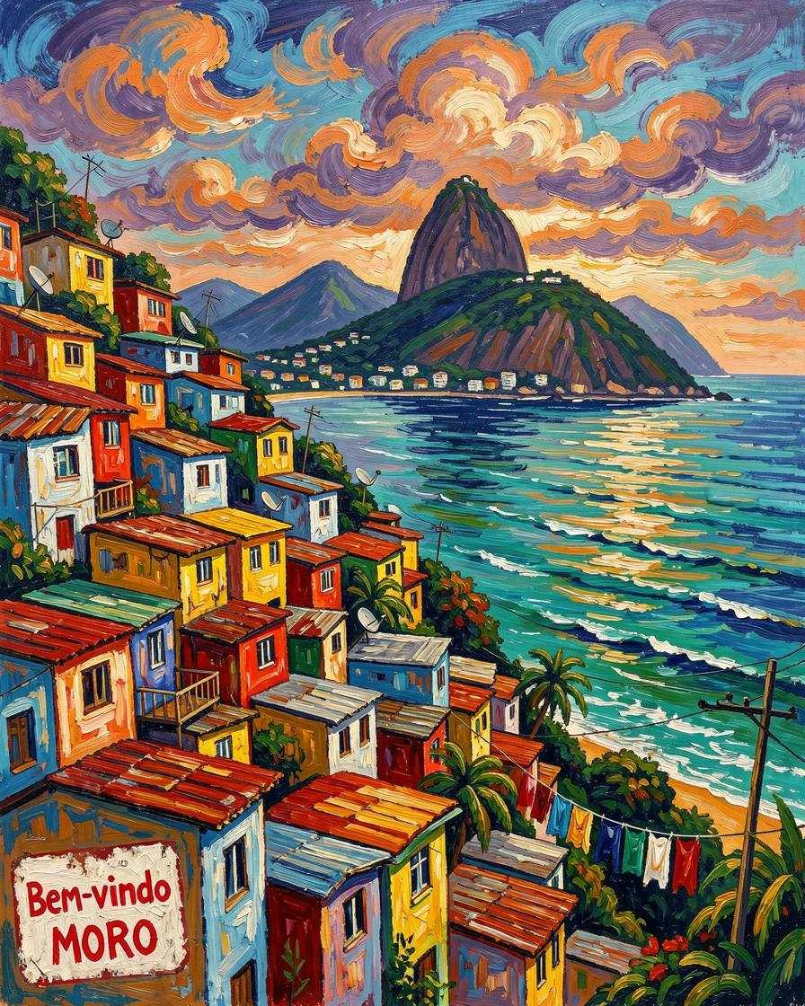 A colorful favela clinging to a hillside overlooking the bay in Rio de Janeiro.