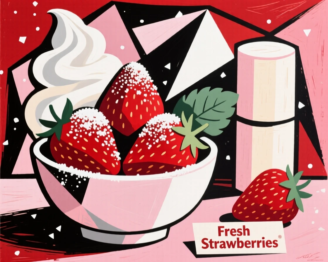 A bowl of fresh strawberries dusted with powdered sugar beside whipped cream.