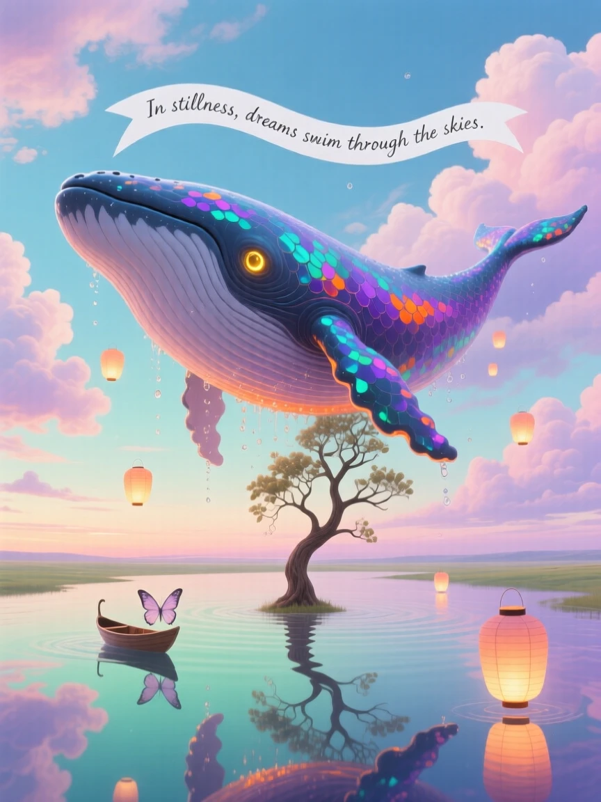 A whale breaching gracefully through a sky full of soft clouds travels slowly across a horizon streaked with soft color, as the surrounding world holds still in quiet wonder.