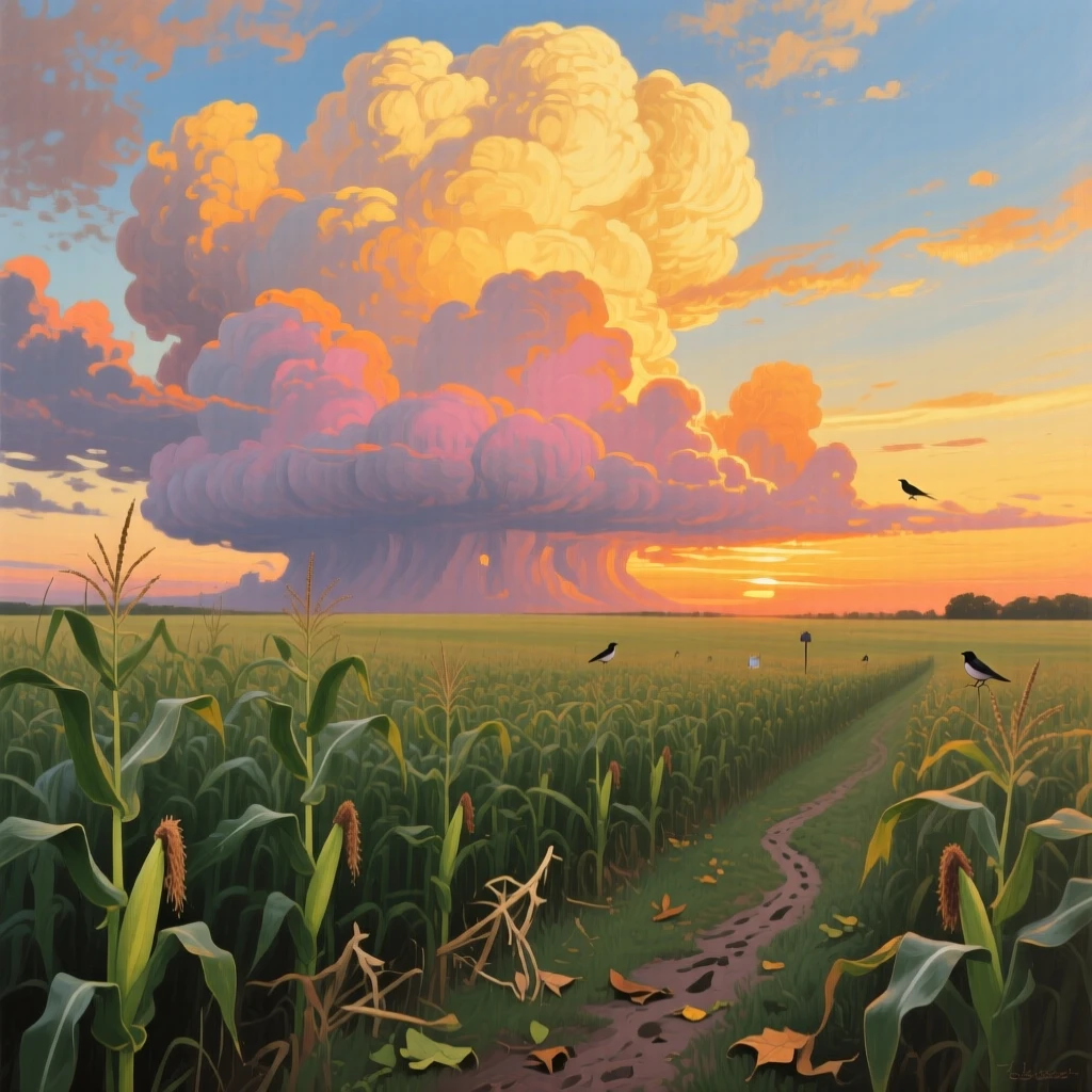 A dramatic mammatus cloud formation stretches across a golden sunset sky over the American Midwest, casting pouch-like shadows over an endless field of corn, small signs of life, like tracks or disturbed leaves, hinting at recent movement nearby.