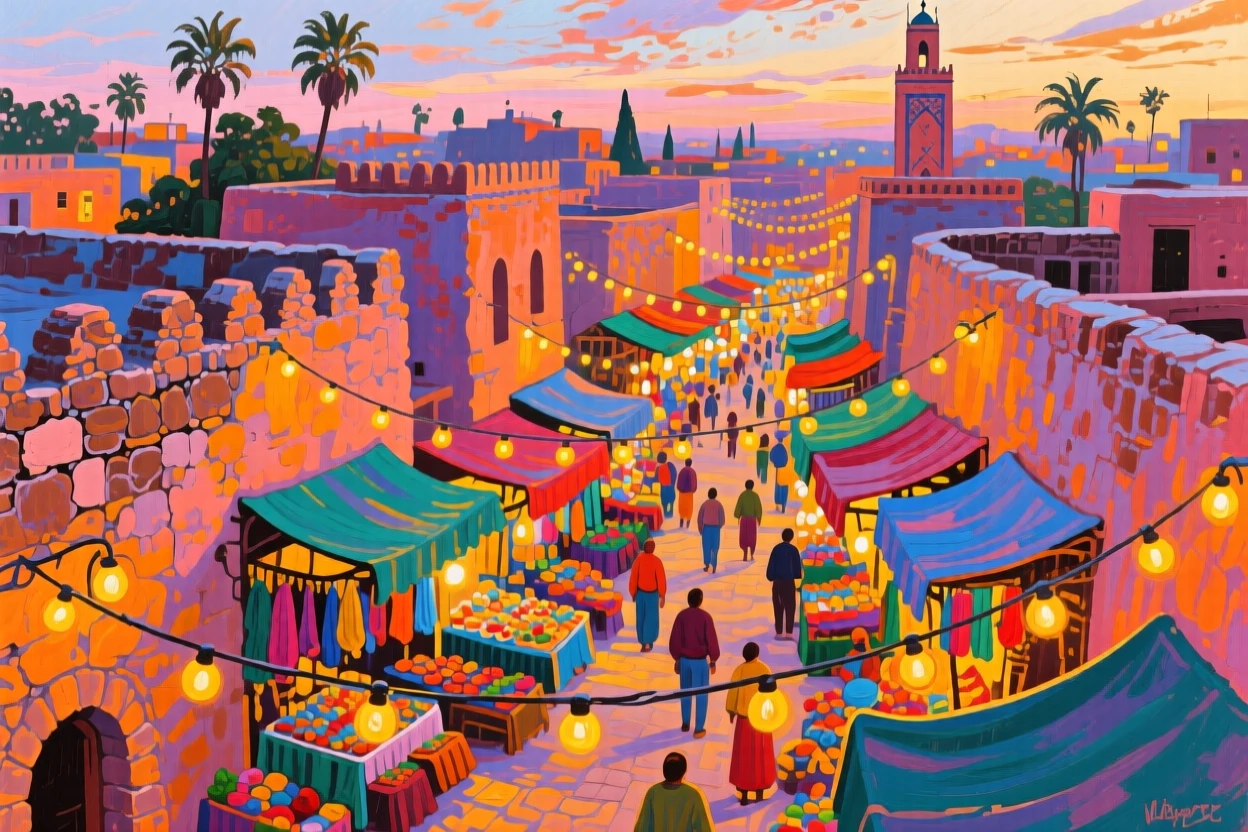 A vibrant rooftop market in Marrakech with string lights strung between ancient stone walls