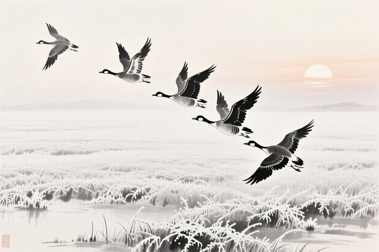 Wild geese take flight from a frost-covered field at dawn, over a landscape dusted with the season's first frost.