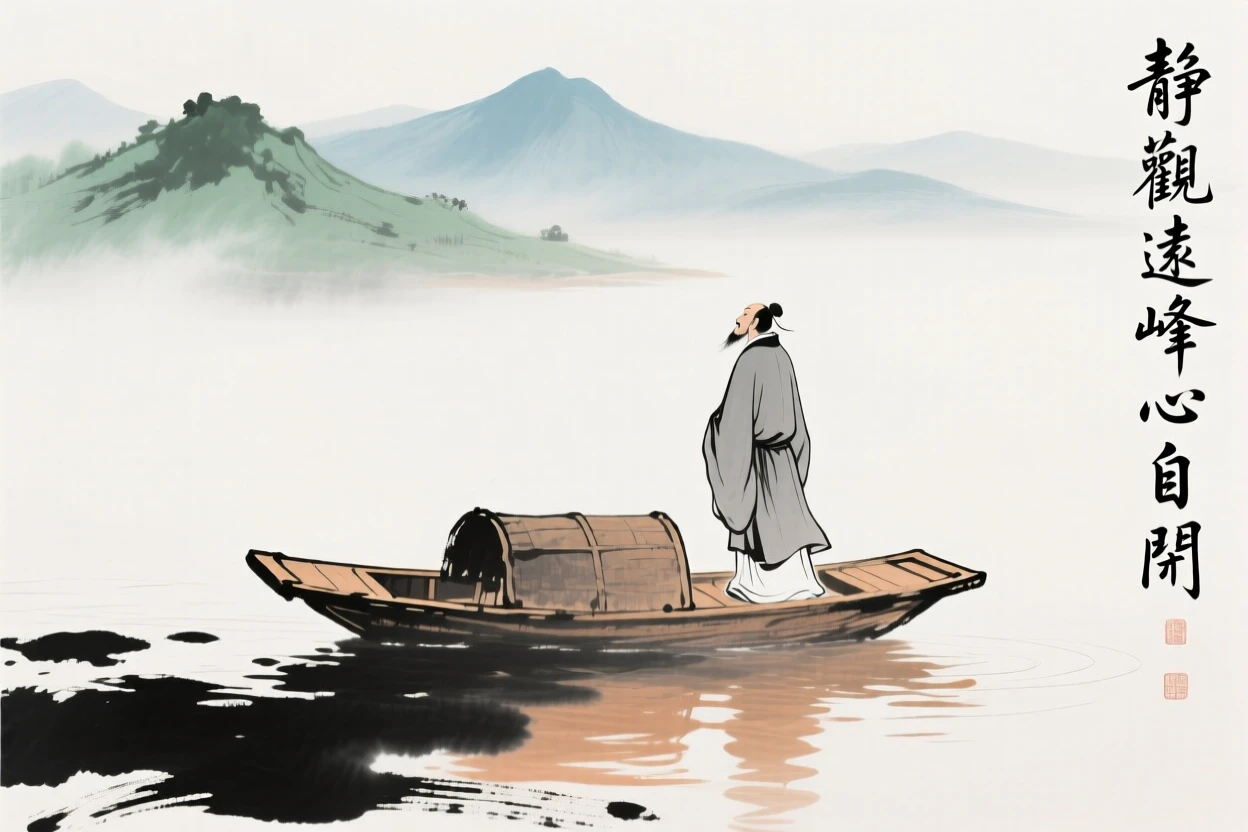 A poet standing at the prow of a small boat gazing at distant peaks, filled with tranquil stillness.