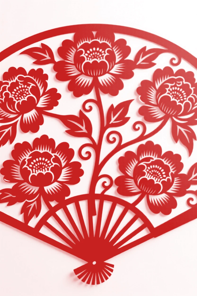 A design of a fan-shaped composition featuring interlocking peony blossoms, rendered in perfectly balanced symmetry.