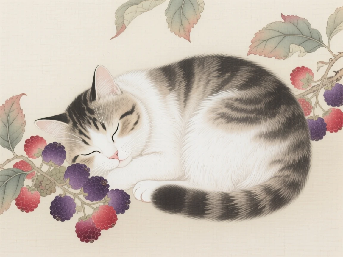 A cat curled up asleep curled around a cluster of wild berries