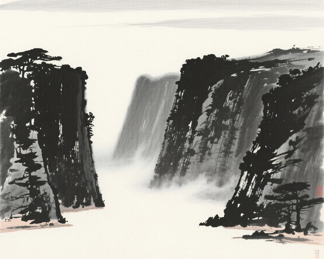 A secluded cove framed by tall standing cliffs as thin mist rolls slowly through the lower valley, composed with wide open space above to emphasize the scale of the sky, capturing a fleeting, serene moment suspended in time.