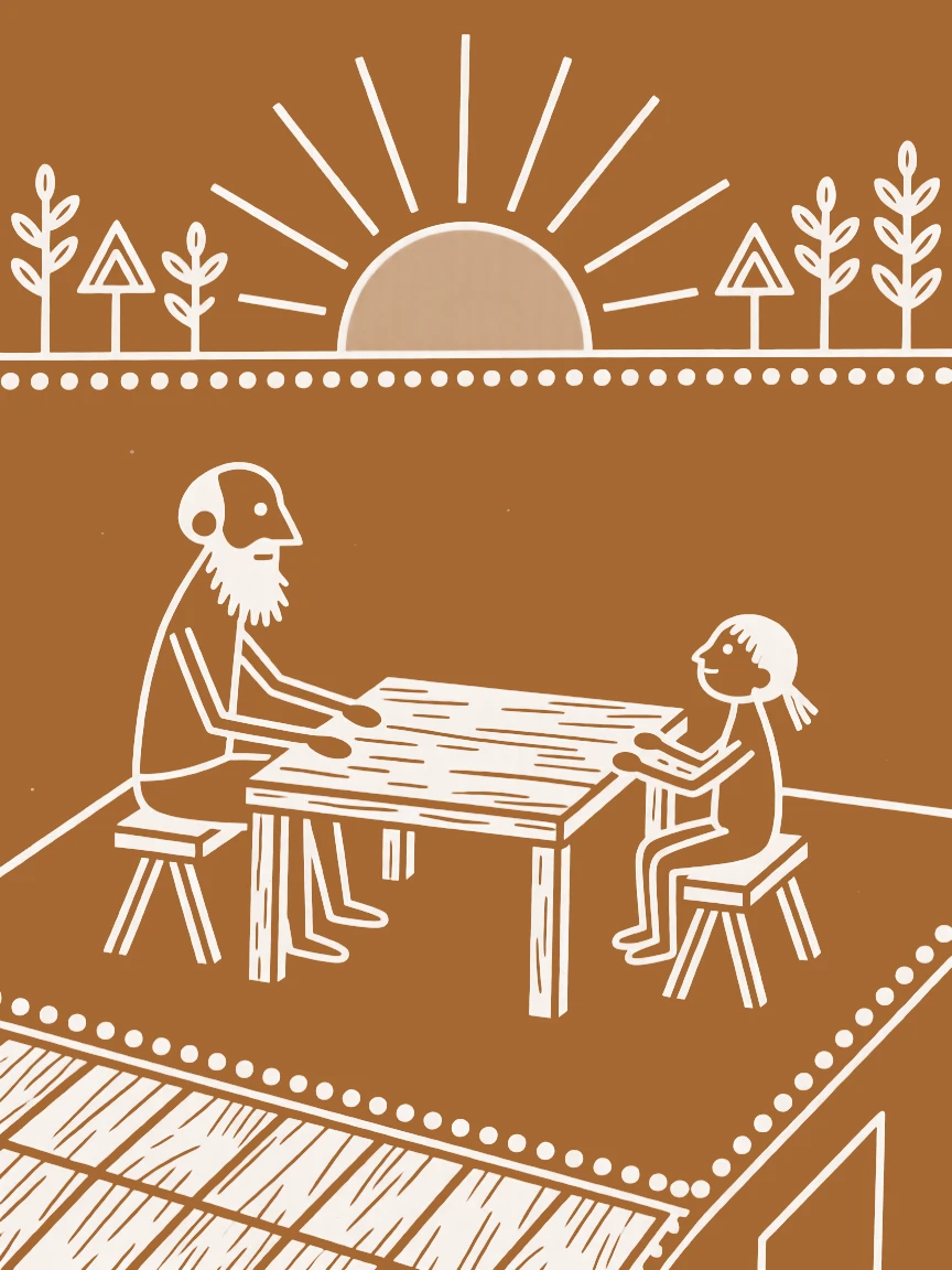 A grandfather watching the sunset from a rooftop together at a simple wooden dining table.