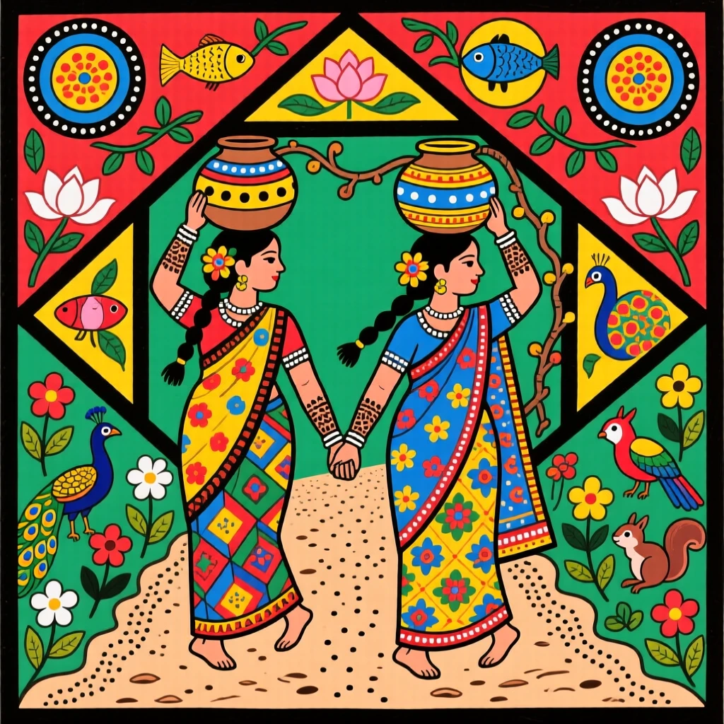 Two women carrying water pots together along a dusty village path.