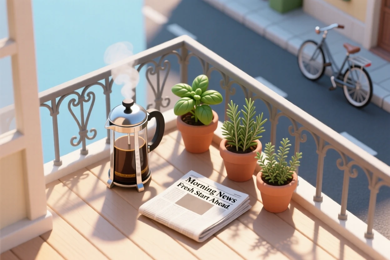 A morning coffee ritual on a small balcony overlooking a quiet street, a French press steaming beside a folded newspaper, and potted herbs catching sunlight.
