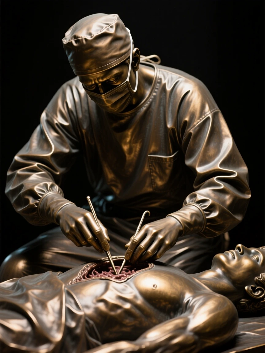 A surgeon in the final moments of a delicate operation, framed by soft, dramatic shadows, forming a strong central focal point