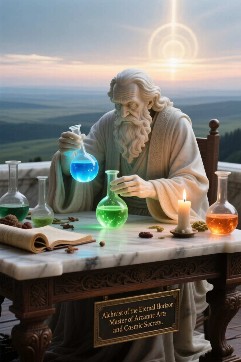 An alchemist mixing glowing potions by candlelight, before a vast, glowing horizon, radiating power and legend