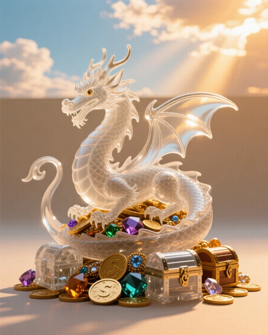 A small dragon curled around a treasure hoard at golden hour with warm rays breaking through the clouds, epic scale composition, inspiring a sense of wonder and hope.