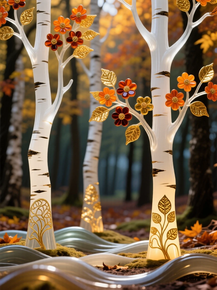 A quiet birch forest with white trunks glowing in autumn light, serene and elegant.