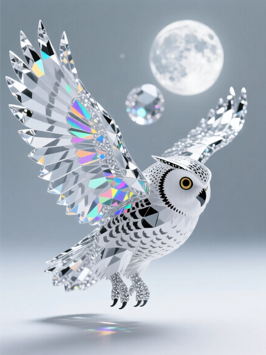 A snowy owl in flight against a full moon, wings spread wide.