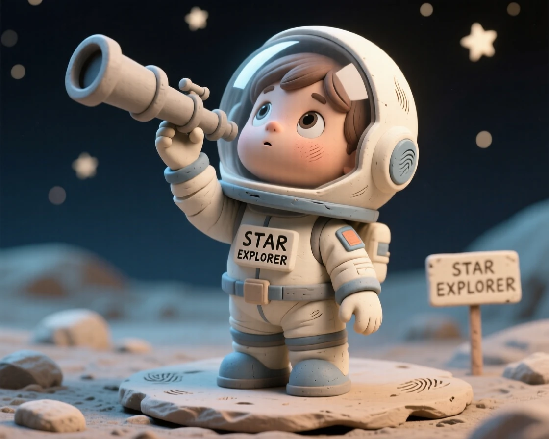 A young astronaut child gazing up at the stars through a telescope