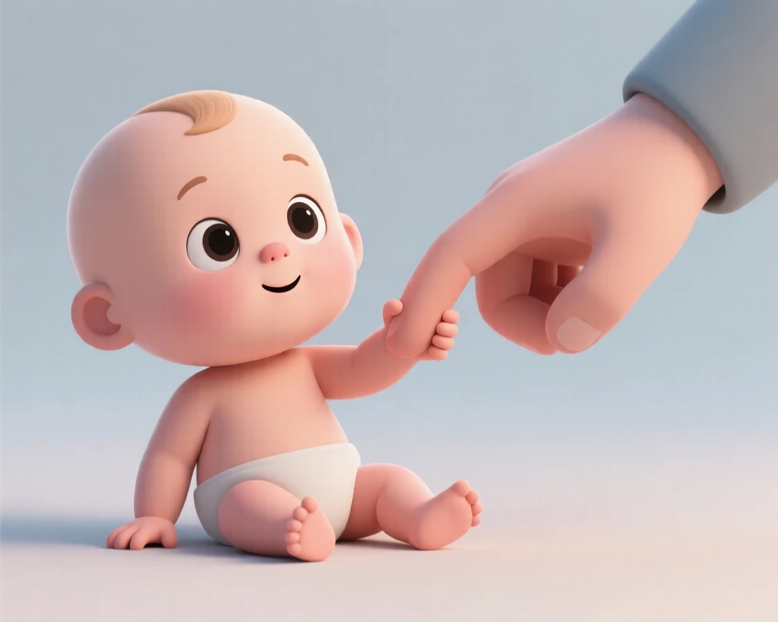 A curious infant grips a parent's finger tightly, wide eyes taking in the world for the very first time.