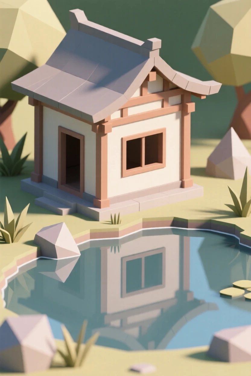A traditional teahouse beside a tranquil garden pond, glowing warmly at sunset. soft reflections in water double the architectural detail. There is a warm sense of nostalgia.