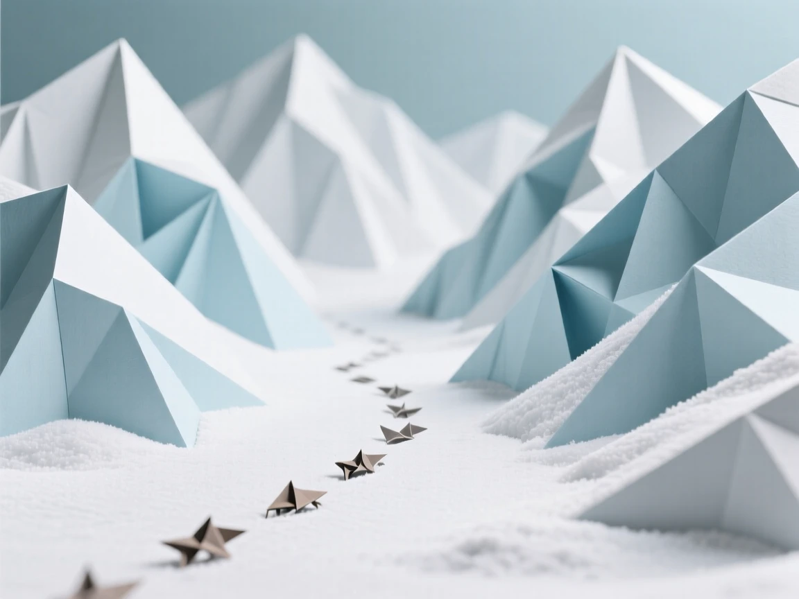 A mountain pass blanketed in fresh snow, a single set of animal tracks crossing the frame.