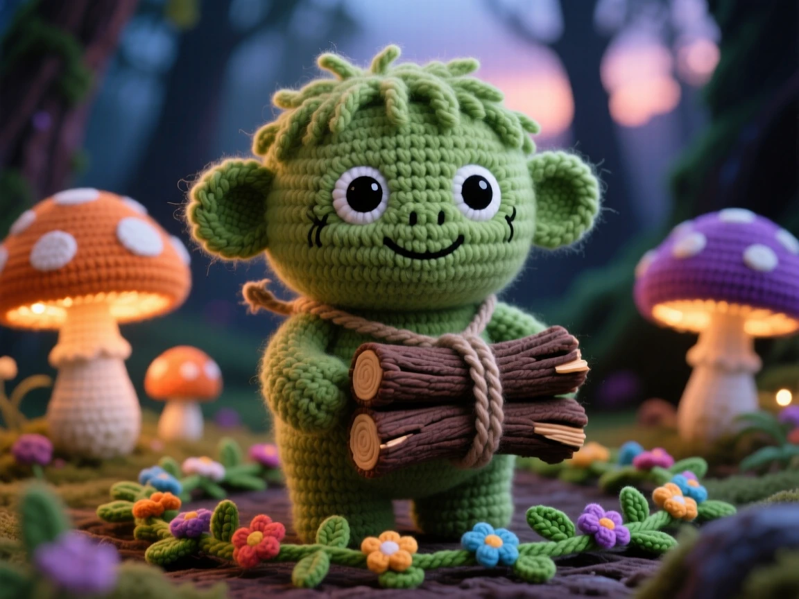 a round baby troll, with a soft mossy hide and a friendly grin, carrying a bundle of firewood twice its size, within a glowing mushroom forest at twilight, near a garland of woven wildflowers, radiating playful whimsy and lighthearted charm.