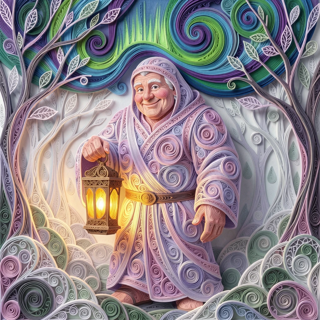 a friendly giant carrying a lantern through a misty forest, beneath a sky swirling with the northern lights, captured in an intimate close-up glowing softly, in dreamy pastel tones of lavender and rose.