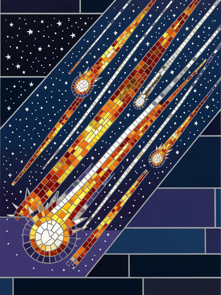 A meteor shower streaking across a star-filled night sky, rendered in vivid deep color with luminous detail.