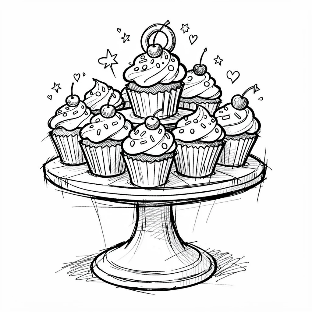 A tray of decorated cupcakes served on a tiered dessert stand.