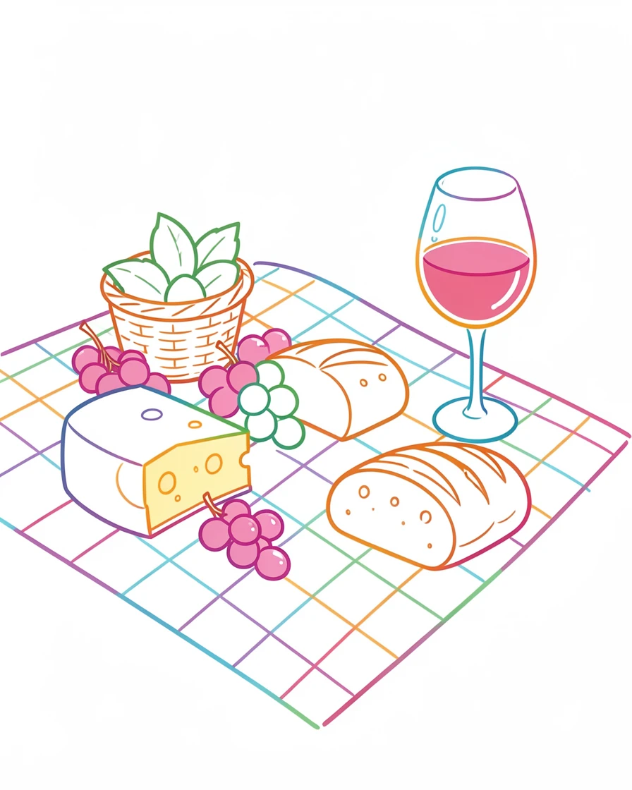 A picnic spread of cheese, grapes, crusty bread, and wine on a checkered blanket.