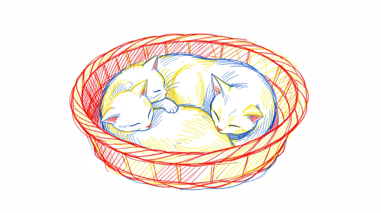 A litter of kittens curled together asleep in a woven basket