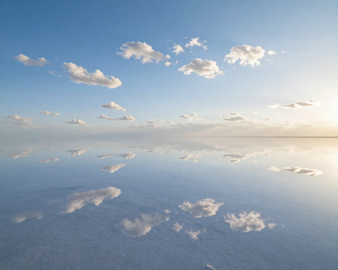 A salt flat mirroring the sky perfectly to the horizon