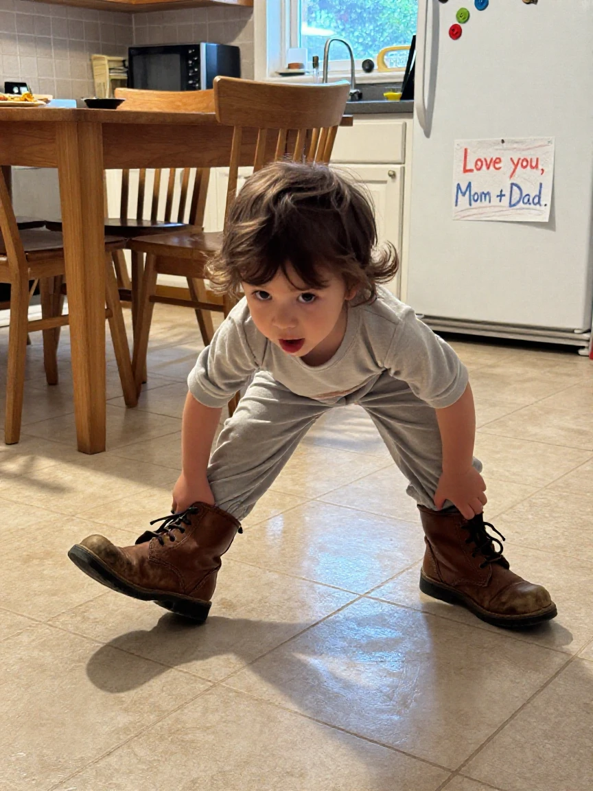 A child tries on their parent's oversized shoes and stumbles across the kitchen floor.