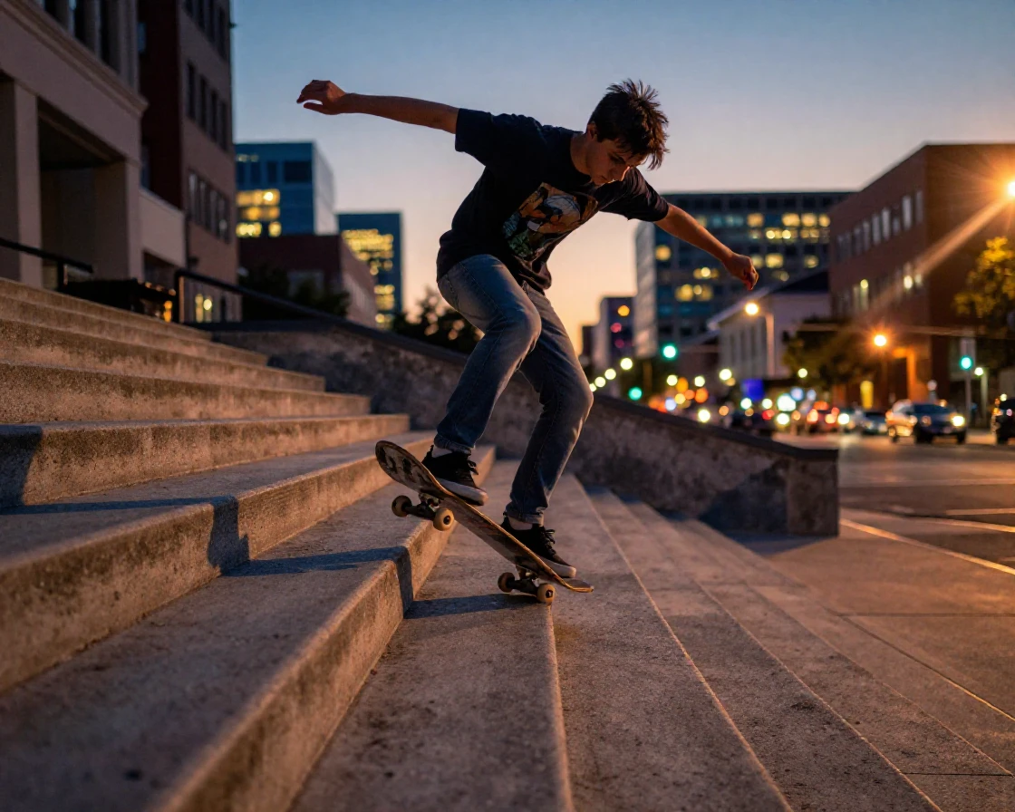 A teenager skateboarding down empty city steps at dusk, city lights beginning to glow
