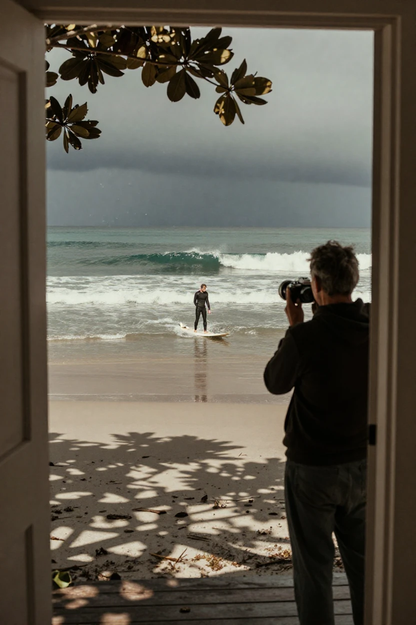 A surfer paddling out toward distant rolling swells, in dappled light filtering through leaves, under a darkening storm sky, under the first snow of winter, with a soft sepia-tinted glow, framed through an open doorway.