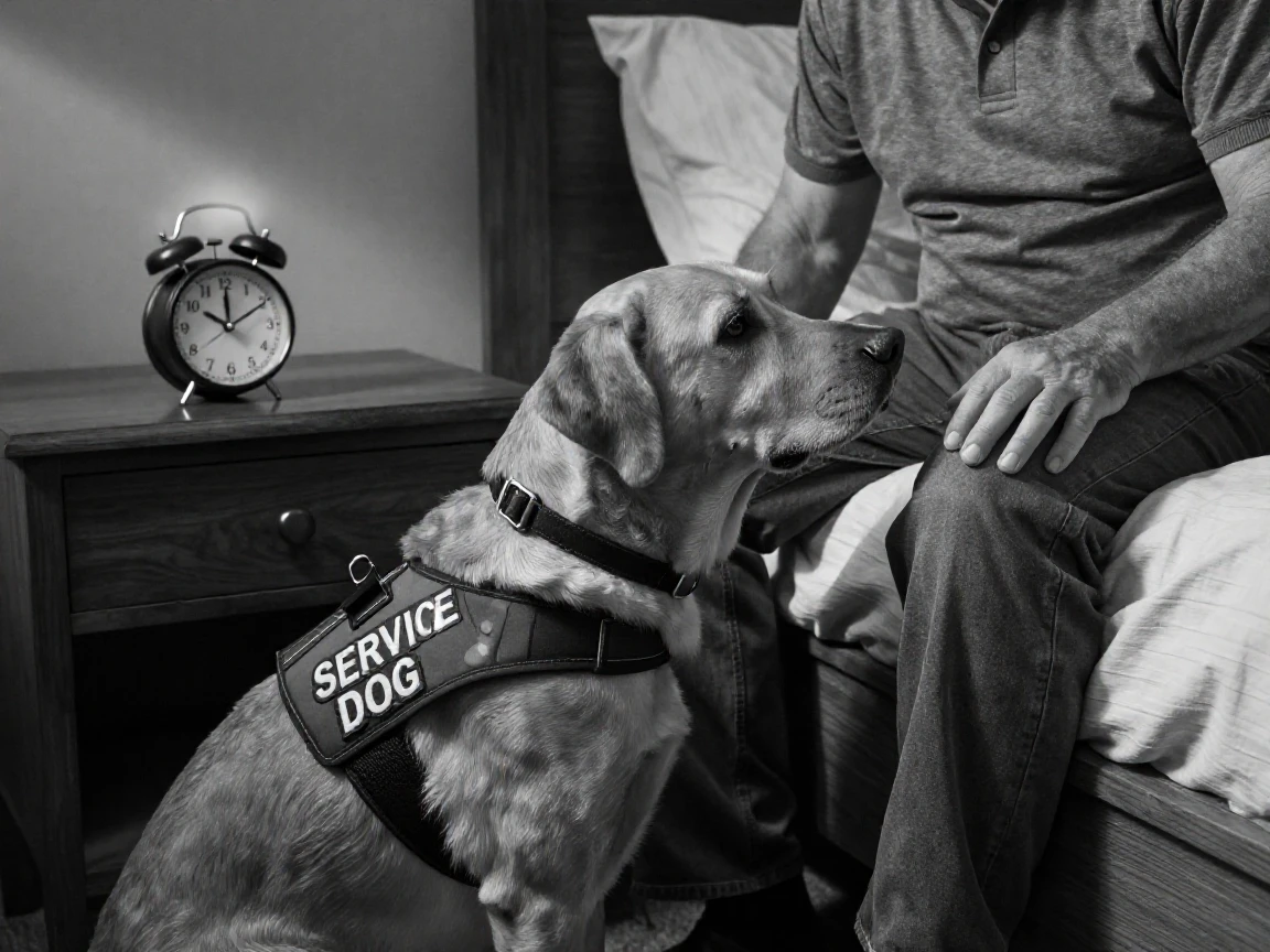 A service dog alerts its owner to an approaching alarm beside a bedside table.